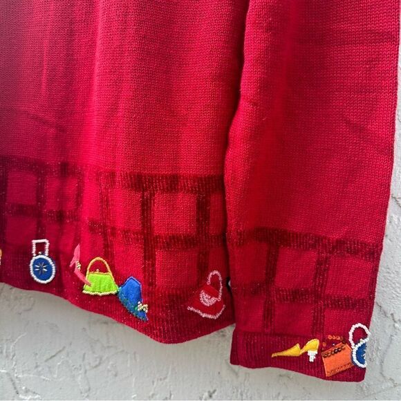 MORGAN COLE Cardigan Sweater Women Size Large Vintage Beaded Artsy Red Sequin - Picture 7 of 9